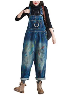 Flygo Women's Baggy Cotton Denim Wide Leg Drop Crotch Overalls Jumpsuit Romper Harem Pants