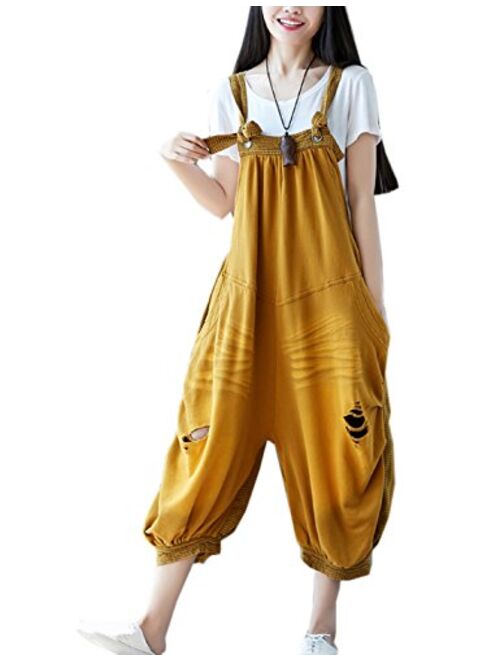 Flygo Women's Baggy Cotton Denim Wide Leg Drop Crotch Overalls Jumpsuit Romper Harem Pants