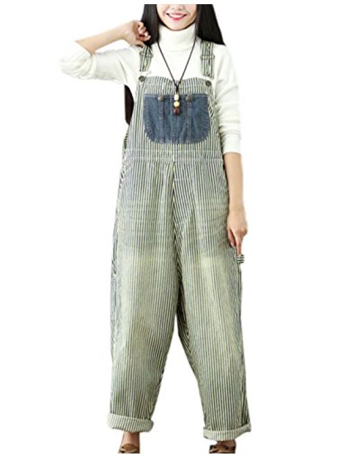 Flygo Women's Baggy Cotton Denim Wide Leg Drop Crotch Overalls Jumpsuit Romper Harem Pants