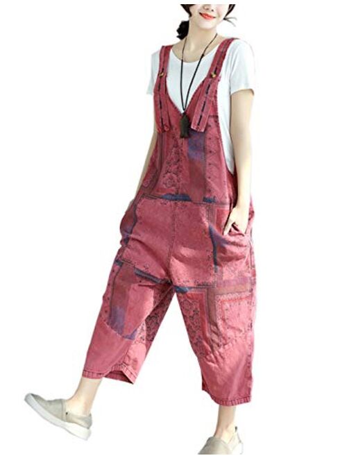 Flygo Women's Baggy Cotton Denim Wide Leg Drop Crotch Overalls Jumpsuit Romper Harem Pants