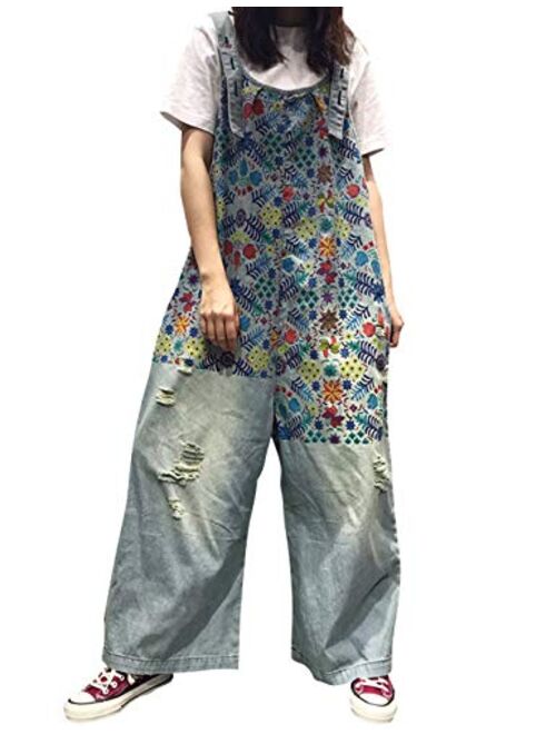 Flygo Women's Baggy Cotton Denim Wide Leg Drop Crotch Overalls Jumpsuit Romper Harem Pants