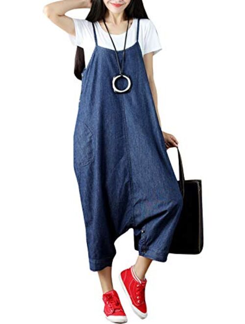 Flygo Women's Baggy Cotton Denim Wide Leg Drop Crotch Overalls Jumpsuit Romper Harem Pants