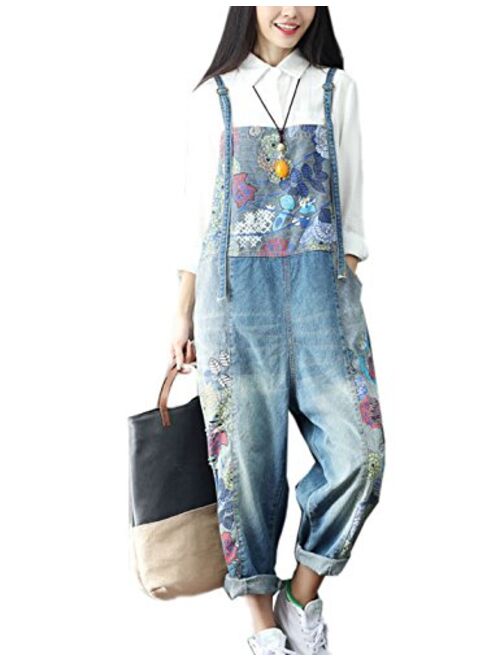 Flygo Women's Baggy Cotton Denim Wide Leg Drop Crotch Overalls Jumpsuit Romper Harem Pants