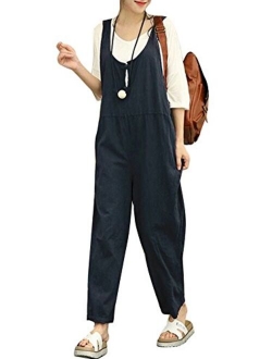 Romacci Women Cotton Linen Baggy Overalls Jumpsuits Vintage Sleeveless Wide Leg Pants Rompers