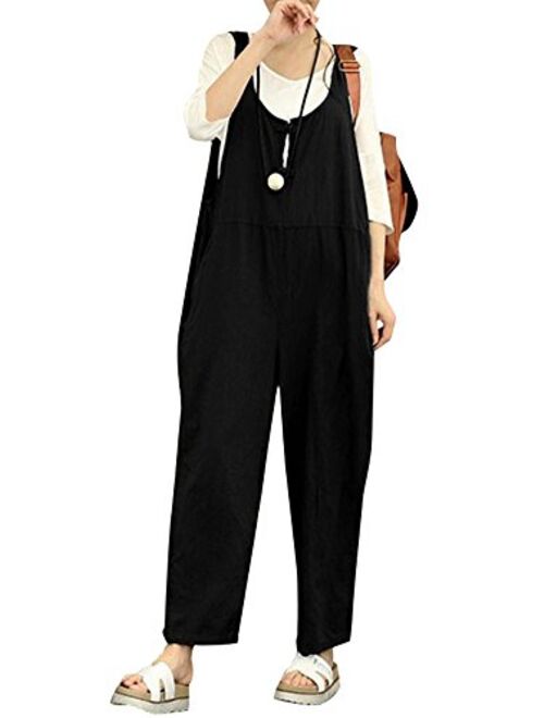 Romacci Women Cotton Linen Baggy Overalls Jumpsuits Vintage Sleeveless Wide Leg Pants Rompers