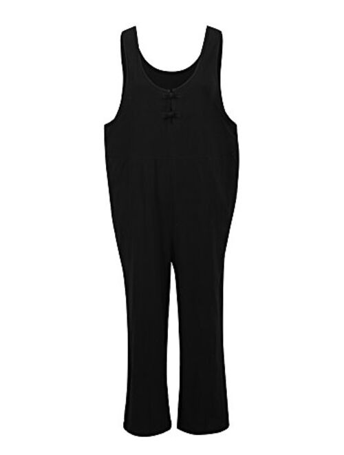 Romacci Women Cotton Linen Baggy Overalls Jumpsuits Vintage Sleeveless Wide Leg Pants Rompers