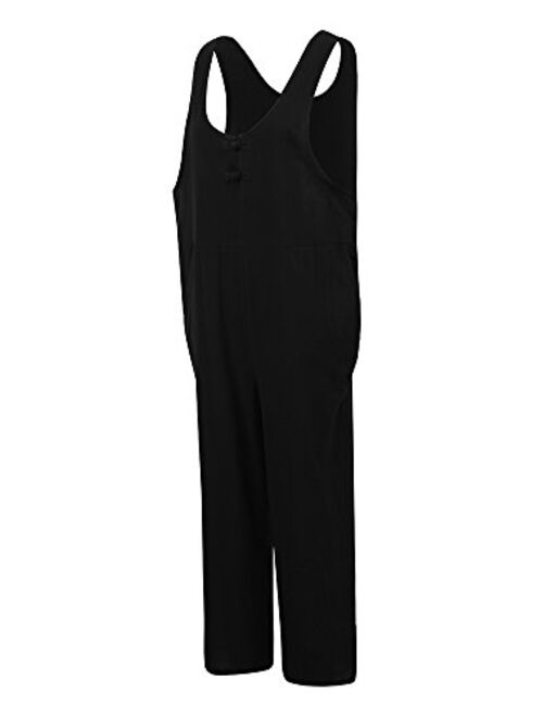 Romacci Women Cotton Linen Baggy Overalls Jumpsuits Vintage Sleeveless Wide Leg Pants Rompers