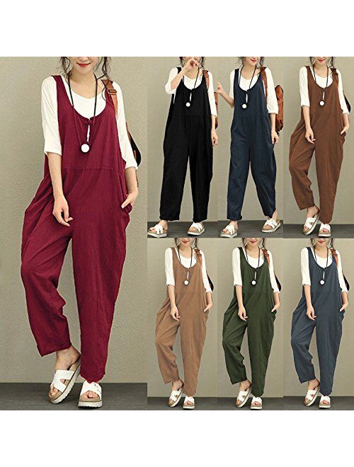 Romacci Women Cotton Linen Baggy Overalls Jumpsuits Vintage Sleeveless Wide Leg Pants Rompers