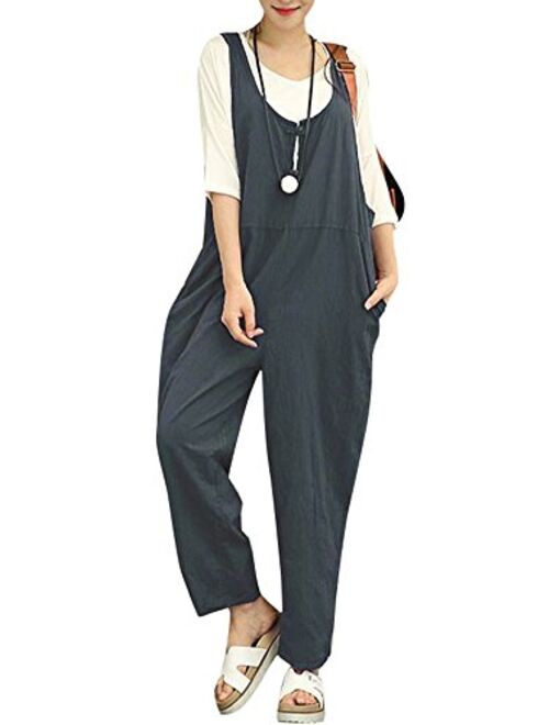 Romacci Women Cotton Linen Baggy Overalls Jumpsuits Vintage Sleeveless Wide Leg Pants Rompers