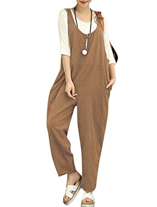 Romacci Women Cotton Linen Baggy Overalls Jumpsuits Vintage Sleeveless Wide Leg Pants Rompers