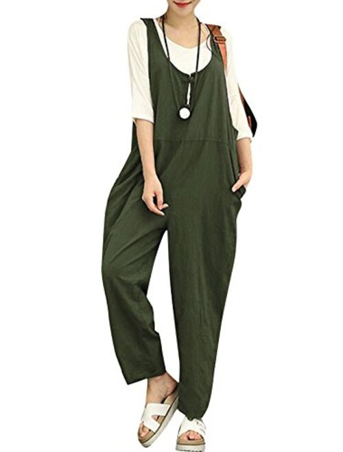 Romacci Women Cotton Linen Baggy Overalls Jumpsuits Vintage Sleeveless Wide Leg Pants Rompers