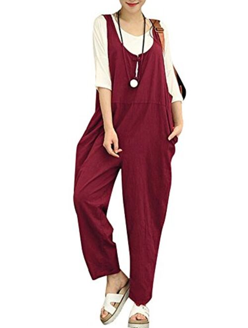 Romacci Women Cotton Linen Baggy Overalls Jumpsuits Vintage Sleeveless Wide Leg Pants Rompers