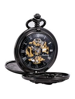 Antique Mechanical Pocket Watch Lucky Dragon Hollow Case Double Hunter Skeleton Dial with Chain   Box