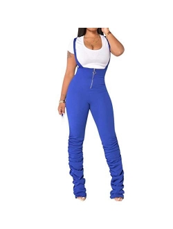 IyMoo Womens Jumpsuits - Sexy Solid Color Sleeveless Zipper High Waisted Stacked Pants Suspender Overalls