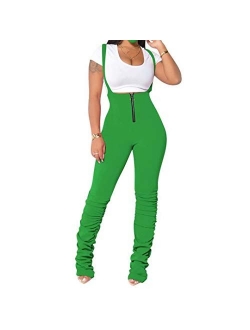 IyMoo Womens Jumpsuits - Sexy Solid Color Sleeveless Zipper High Waisted Stacked Pants Suspender Overalls