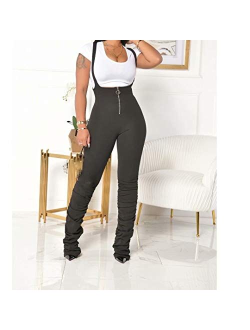 IyMoo Womens Jumpsuits - Sexy Solid Color Sleeveless Zipper High Waisted Stacked Pants Suspender Overalls