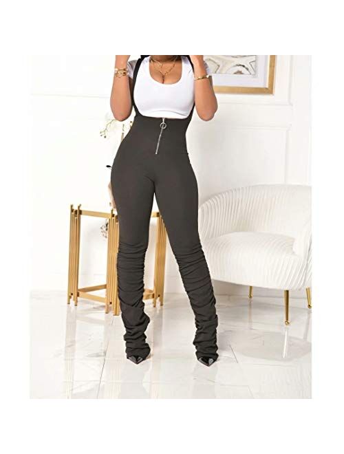 IyMoo Womens Jumpsuits - Sexy Solid Color Sleeveless Zipper High Waisted Stacked Pants Suspender Overalls