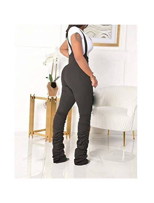 IyMoo Womens Jumpsuits - Sexy Solid Color Sleeveless Zipper High Waisted Stacked Pants Suspender Overalls