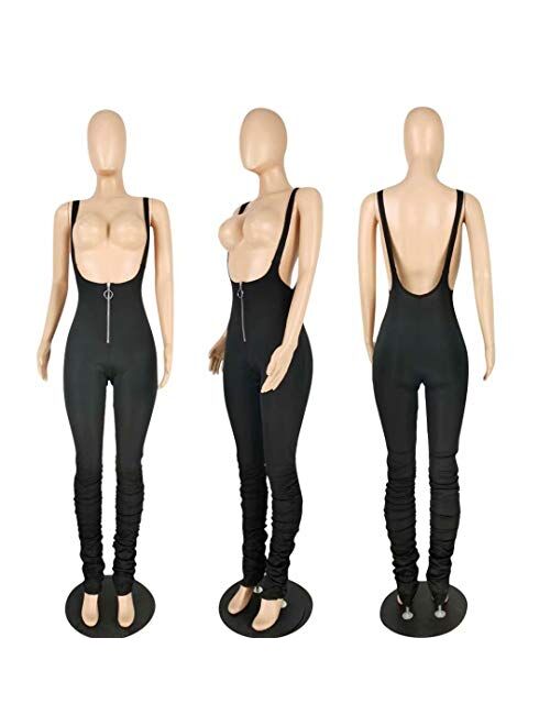 IyMoo Womens Jumpsuits - Sexy Solid Color Sleeveless Zipper High Waisted Stacked Pants Suspender Overalls