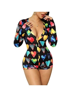 RUEWEY Women V-Neck Shorts Jumpsuit One Piece Bodysuit Pajama Long Sleeve Bodycon Rompers Overall