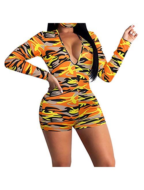 RUEWEY Women V-Neck Shorts Jumpsuit One Piece Bodysuit Pajama Long Sleeve Bodycon Rompers Overall