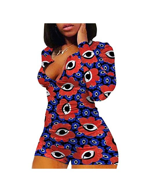 RUEWEY Women V-Neck Shorts Jumpsuit One Piece Bodysuit Pajama Long Sleeve Bodycon Rompers Overall