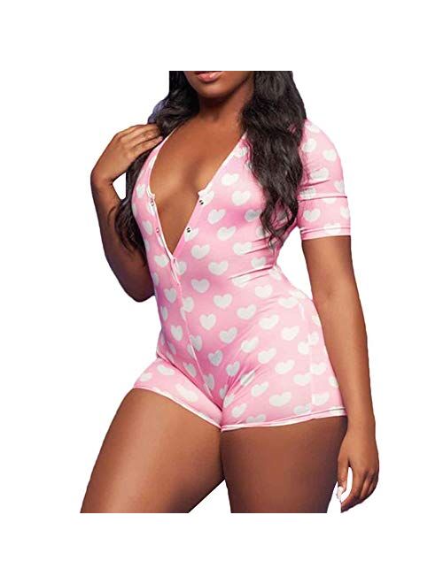 RUEWEY Women V-Neck Shorts Jumpsuit One Piece Bodysuit Pajama Long Sleeve Bodycon Rompers Overall