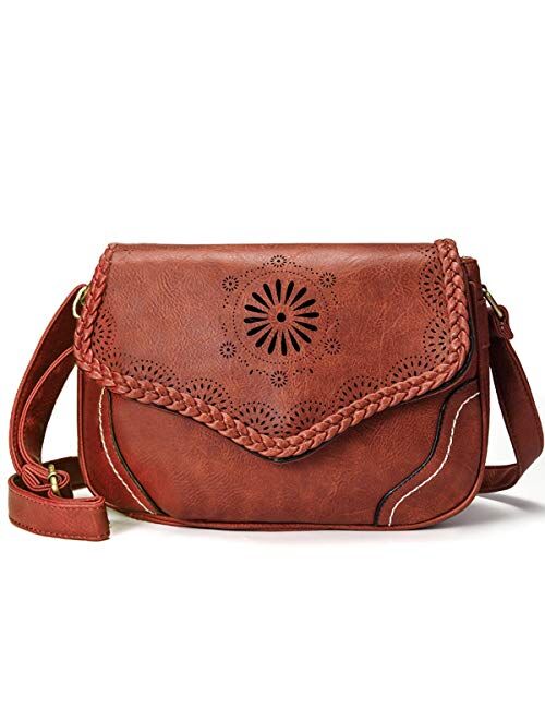 Women Shoulder Bag Vintage Pu Leather Crossbody Bag Hollow Out Ladies Satchel Bag Brown Retro Handbag for Girls