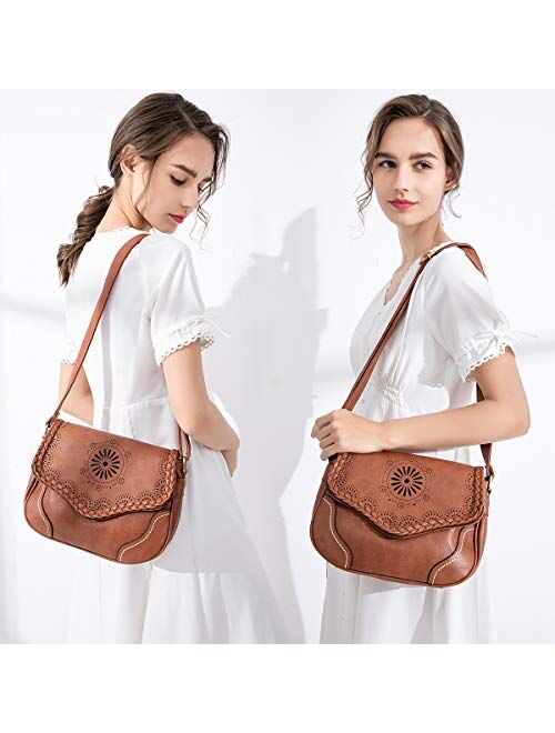 Women Shoulder Bag Vintage Pu Leather Crossbody Bag Hollow Out Ladies Satchel Bag Brown Retro Handbag for Girls