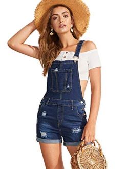 Women's Ripped Rolled Hem Denim Pinafore Overall Shorts Romper Jumpsuit