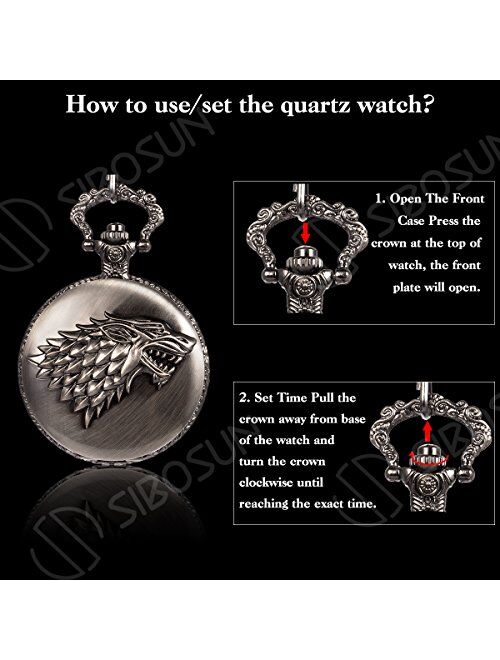 SIBOSUN Pocket Watch Steampunk Wolf Wolves Pattern Mens Chain Black Quartz Direwolf House Stark Game of Thrones