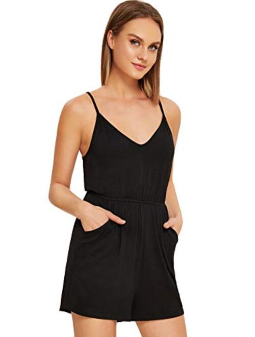 DIDK Women's Summer Sleeveless Strap Short Rompers Jumpsuits with Pockets