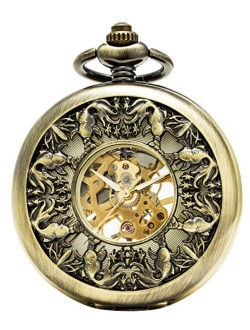 SEWOR Grace Koi Skeleton Pocket Watch with 2 Chain, Black Mechanical Hand Wind with Leather Box