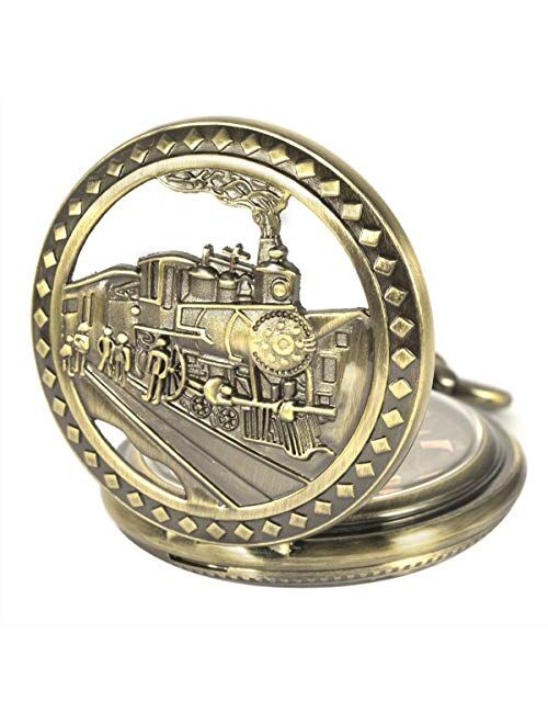 Carrie Hughes Men's Vintage Old Train Carving Steampunk Skeleton Mechanical Pocket Watch with Chain CH108