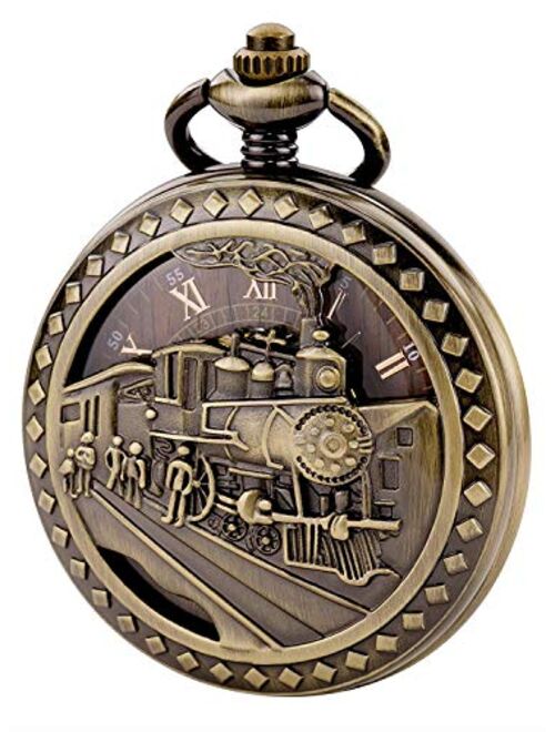 Carrie Hughes Men's Vintage Old Train Carving Steampunk Skeleton Mechanical Pocket Watch with Chain CH108