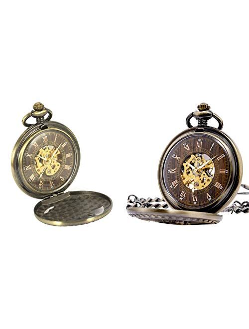 Carrie Hughes Men's Vintage Old Train Carving Steampunk Skeleton Mechanical Pocket Watch with Chain CH108