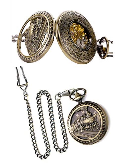 Carrie Hughes Men's Vintage Old Train Carving Steampunk Skeleton Mechanical Pocket Watch with Chain CH108