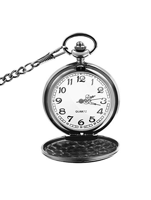 NICERIO Mens White Dial Arabic Numeral Pocket Watch with Chain