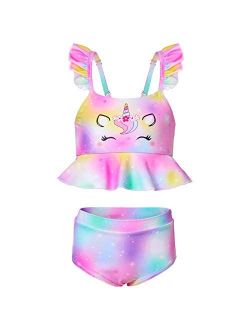 MHJY Girls Unicorn Swimsuit 2-Piece Swimwear Bikini Tankini Set Ruffle Beachwear Bathing Suit