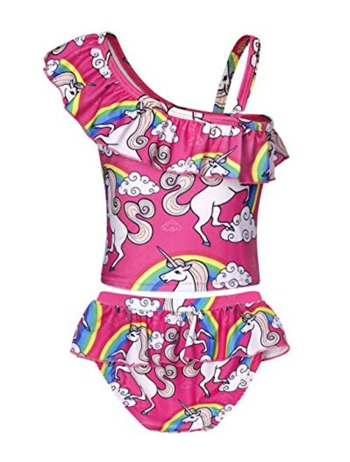 AmzBarley Girls Unicorn Swimwear Tankini 2 Pieces Rainbow Bathing Suit Ruffle One Shoulder Swimsuits