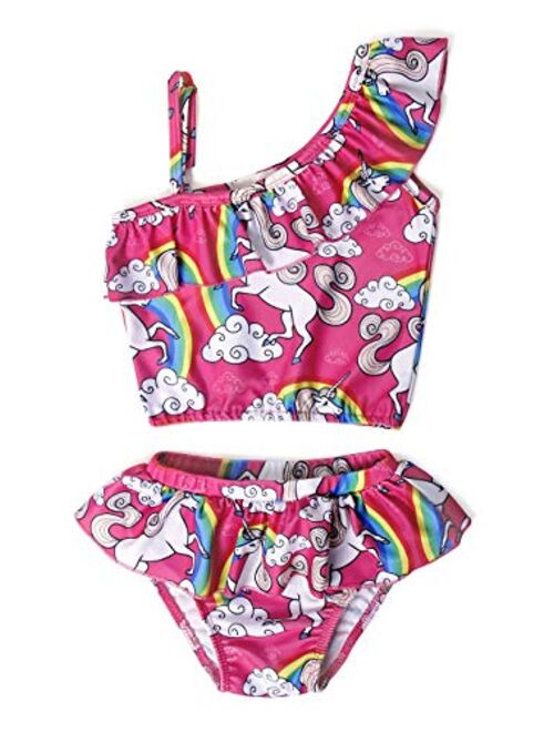 AmzBarley Girls Unicorn Swimwear Tankini 2 Pieces Rainbow Bathing Suit Ruffle One Shoulder Swimsuits