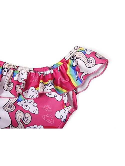 AmzBarley Girls Unicorn Swimwear Tankini 2 Pieces Rainbow Bathing Suit Ruffle One Shoulder Swimsuits