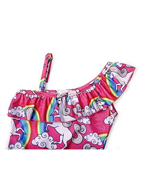 AmzBarley Girls Unicorn Swimwear Tankini 2 Pieces Rainbow Bathing Suit Ruffle One Shoulder Swimsuits