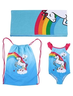 Toddler Girl Swim Essentials - 3 Piece 48 Inch Towel Beach Bag and Swim Suit Set