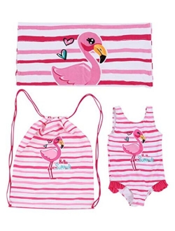 Toddler Girl Swim Essentials - 3 Piece 48 Inch Towel Beach Bag and Swim Suit Set