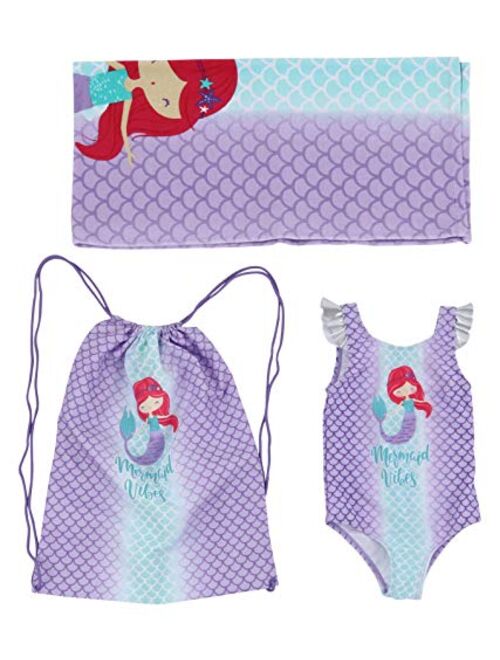 Toddler Girl Swim Essentials - 3 Piece 48 Inch Towel Beach Bag and Swim Suit Set