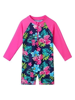 Girls Rashguard Swimsuits One Piece Long Sleeve UPF50+ Sun Protective Bathing Suit Flower Zipper Swimwear