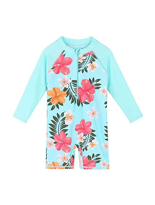 Girls Rashguard Swimsuits One Piece Long Sleeve UPF50+ Sun Protective Bathing Suit Flower Zipper Swimwear