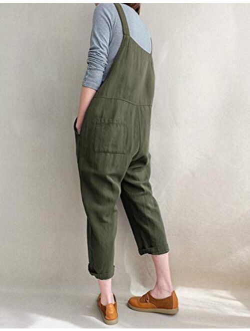 Yeokou Women's Loose Baggy Linen Cotton Summer Overalls Jumpsuits Harem Pants