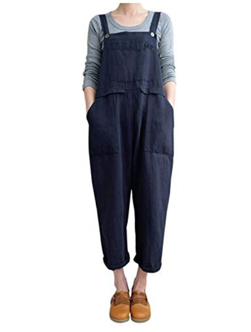 Yeokou Women's Loose Baggy Linen Cotton Summer Overalls Jumpsuits Harem Pants